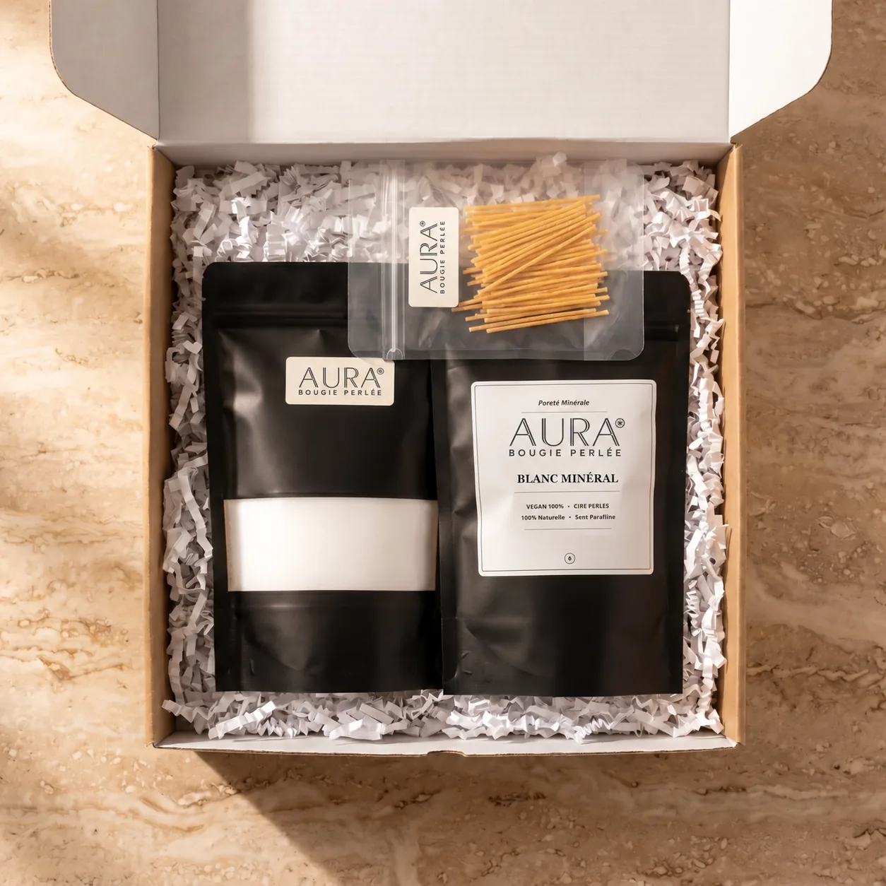 Sable Lumière, bougie en perles Aura Glow – coffret