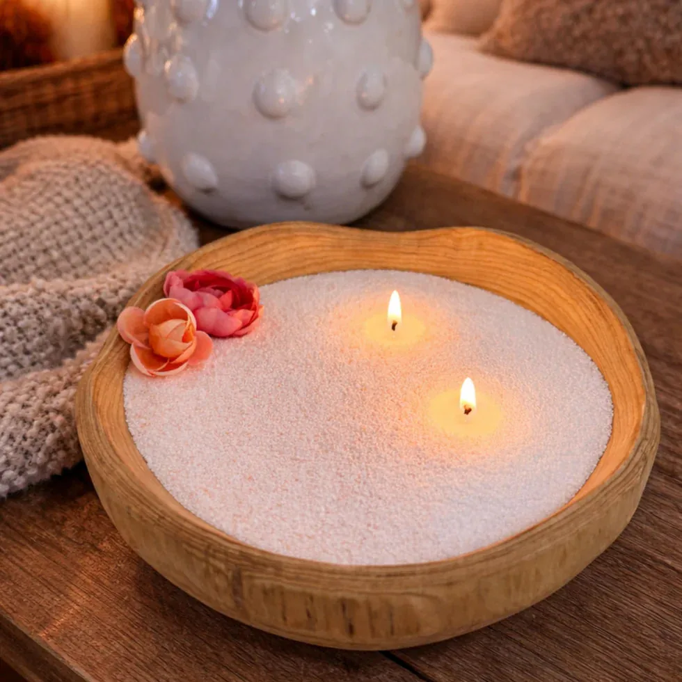 Sable Lumière, bougie en perles Aura Glow – plateau en bois